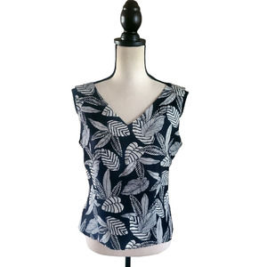 Robbie Bee Black & White 100% Silk Tropical Print V-Neck Sleeveless Top Sz 8